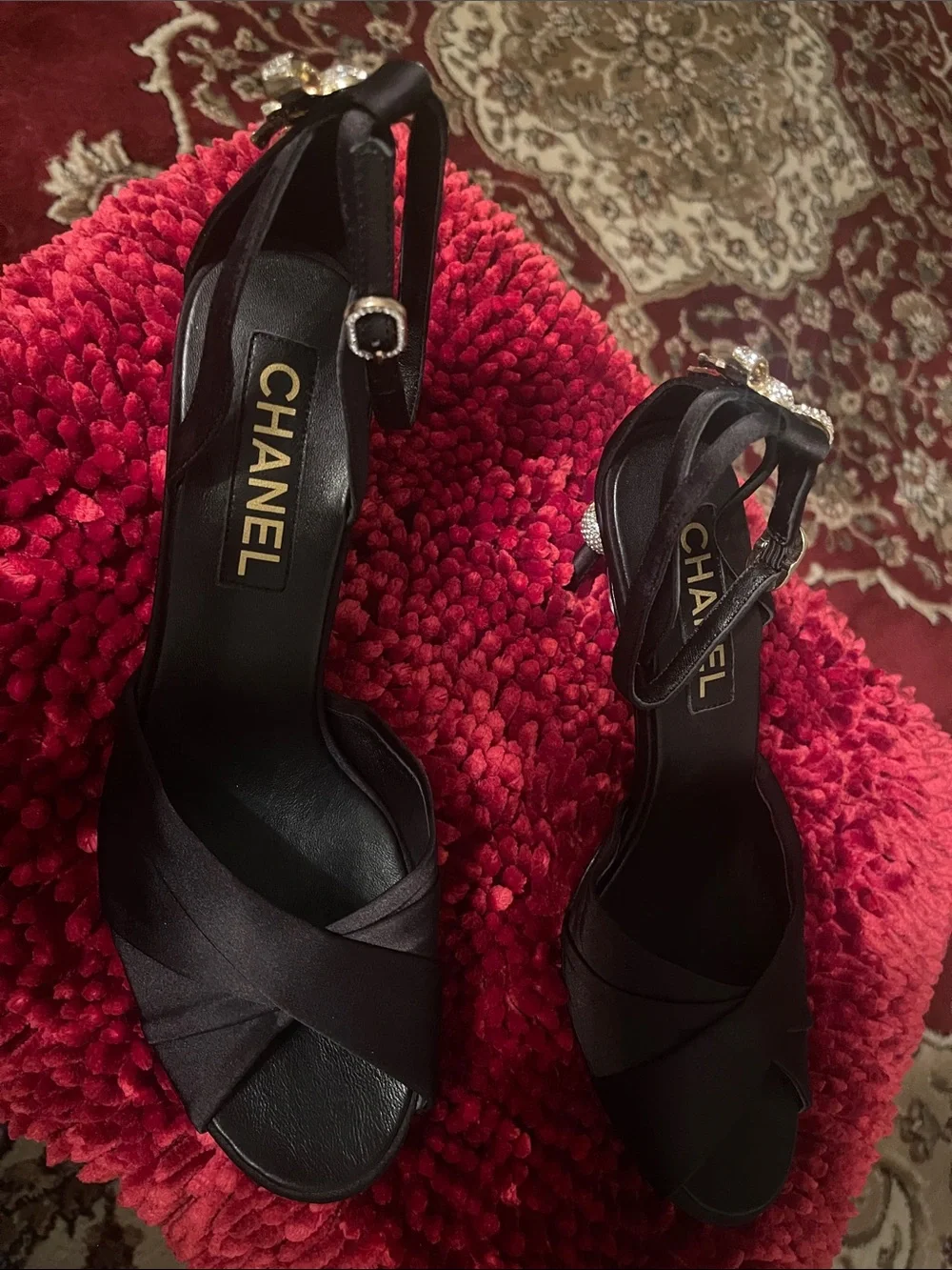 CHANEL Black Satin Peep-Toe Slingback Heels with Rhinestone Accent